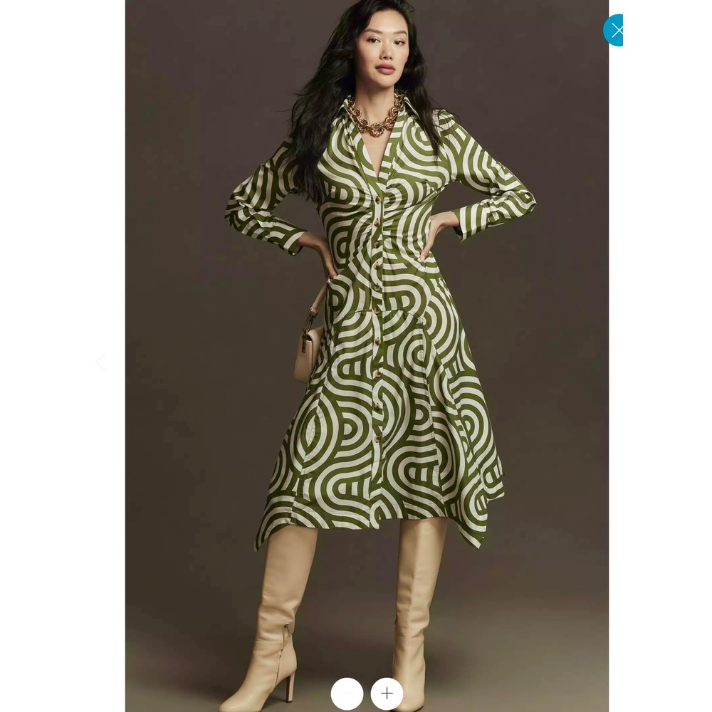 Anthropologie Long-Sleeve Poplin midi Shirt Dress size 4 green white boho